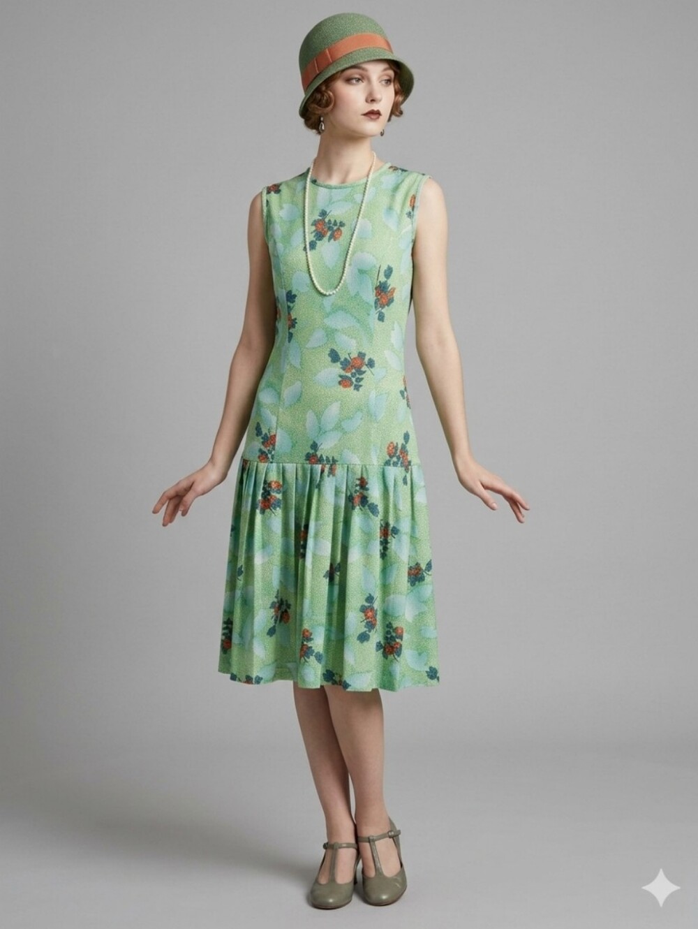 Vintage 1920s Style Drop Waist Pleated Midi Dress, VGUC, Size S